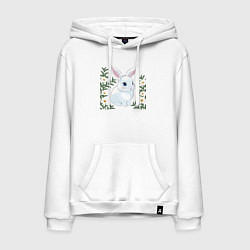 Толстовка-худи хлопковая мужская Милый зайчонок на фоне цветов, цвет: белый