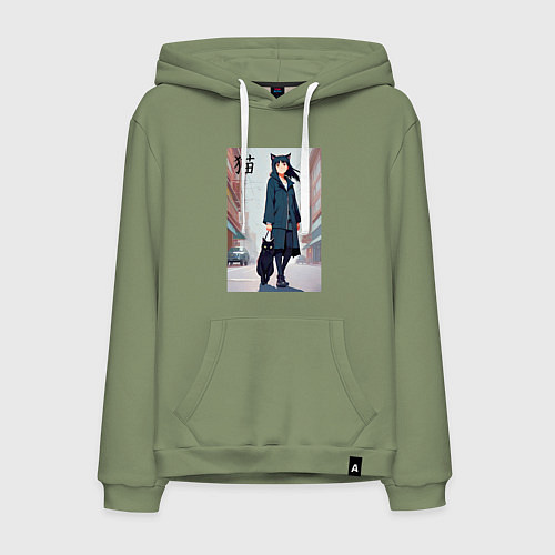 Мужская толстовка-худи Девочка с кошкой в городе - нейросеть / Авокадо – фото 1