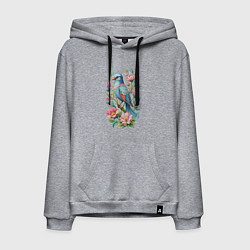 Толстовка-худи хлопковая мужская Красивая голубая птица среди цветов, цвет: меланж