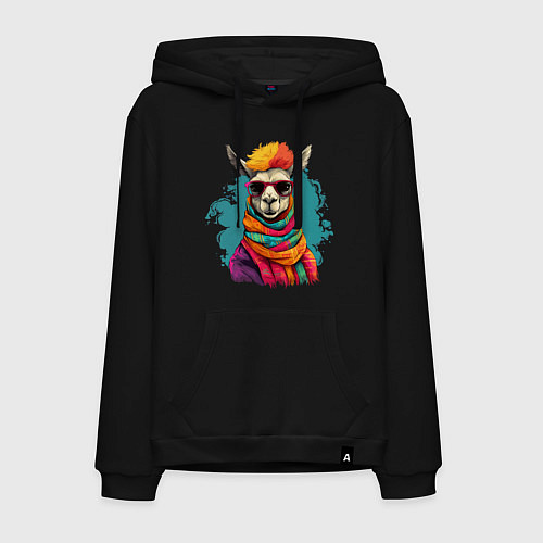 Мужская толстовка-худи Лама в разноцветном шарфе / Черный – фото 1