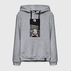 Толстовка-худи хлопковая мужская Корова делает селфи на Луне - Земля в космосе, цвет: меланж