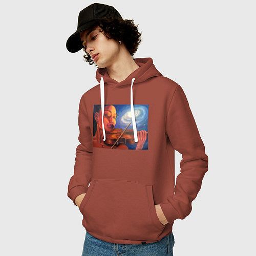 Мужская толстовка-худи Скрипачка и космос - живопись / Кирпичный – фото 3