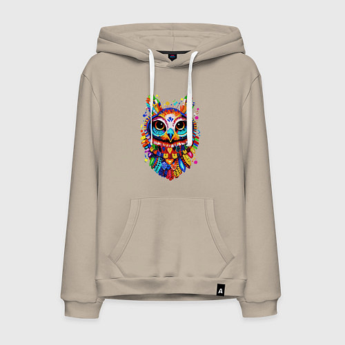 Мужская толстовка-худи Сюрреалистичная сова радужные перья / Миндальный – фото 1