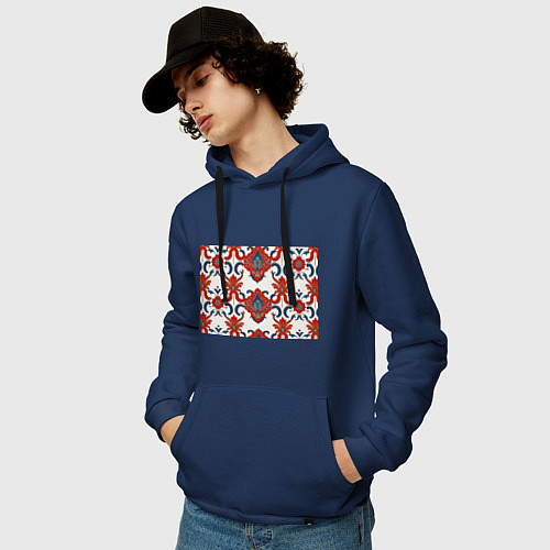 Мужская толстовка-худи Узор красно-синий на белом фоне / Тёмно-синий – фото 3