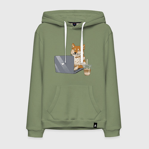 Мужская толстовка-худи Собака Сиба ину печатает на ноутбуке с кофе / Авокадо – фото 1