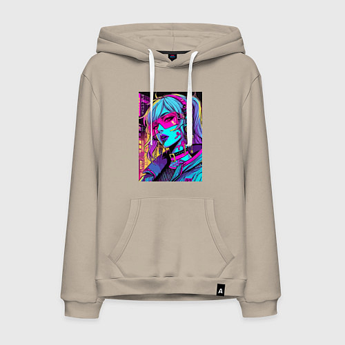 Мужская толстовка-худи Кибер девчонка в розовых очках - нейроарт / Миндальный – фото 1