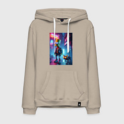 Толстовка-худи хлопковая мужская Барт Симпсон гуляет с роботом котом в ночном город, цвет: миндальный