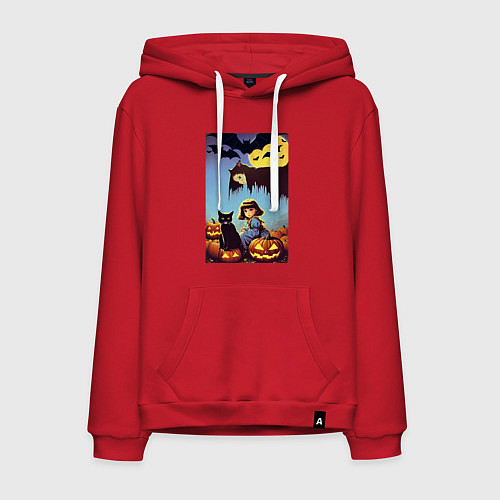 Мужская толстовка-худи Ведьма зависла над девочкой и котом / Красный – фото 1
