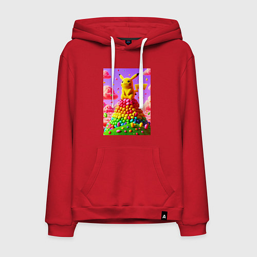 Мужская толстовка-худи Пикачу сидит на горе из монпансье / Красный – фото 1