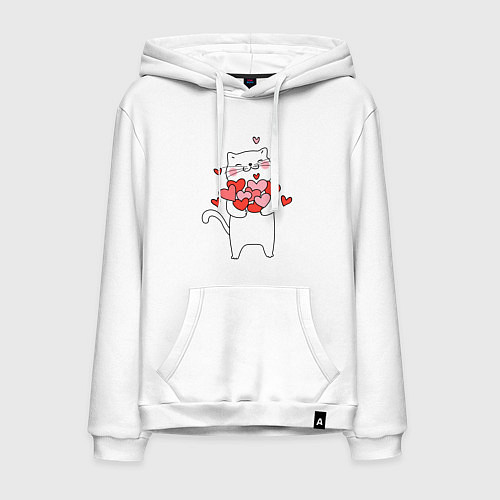 Мужская толстовка-худи Белый кот с охапкой сердец / Белый – фото 1
