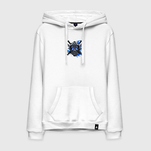 Мужская толстовка-худи Маска самурая с синим пламенем / Белый – фото 1