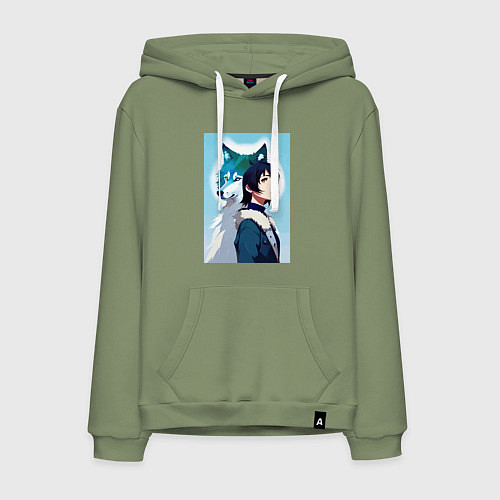 Мужская толстовка-худи Мечтательная девчонка и волк - нейроарт / Авокадо – фото 1