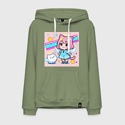 Толстовка-худи хлопковая мужская Милая кошка в сарафане, цвет: авокадо