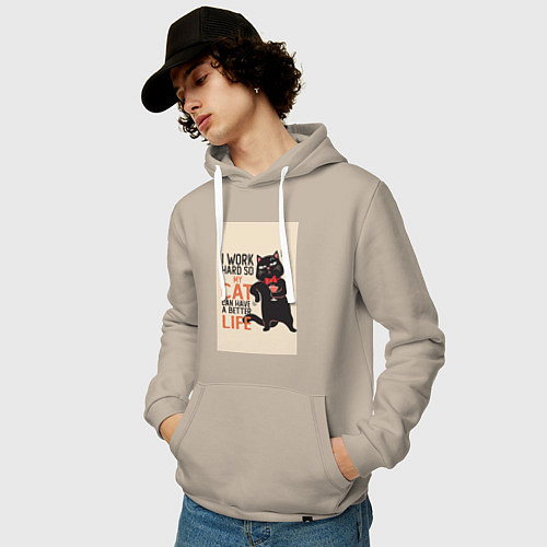 Мужская толстовка-худи Работаю ради кота мем / Миндальный – фото 3