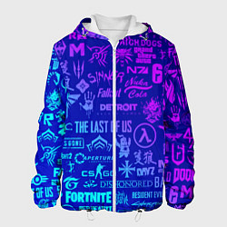 Куртка с капюшоном мужская Неоновые геймерские лого, цвет: 3D-белый