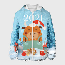 Куртка с капюшоном мужская Новогодний бычок 2021, цвет: 3D-белый