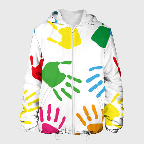 Мужская куртка Цветные ладошки - Детский узор / 3D-Белый – фото 1