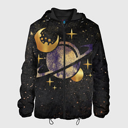 Куртка с капюшоном мужская Сатурн, луна, спутник и звезды, цвет: 3D-черный