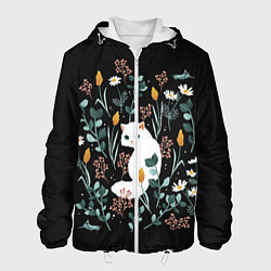Куртка с капюшоном мужская Кошечка среди цветов, цвет: 3D-белый
