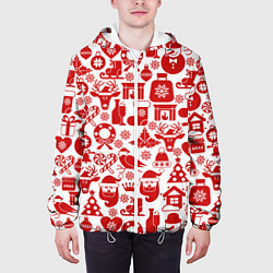 Куртка с капюшоном мужская New Year С Новым Годом паттерны подарков и животны, цвет: 3D-белый — фото 2