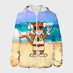 Куртка с капюшоном мужская Тигр в отпуске на новый год на море, цвет: 3D-белый