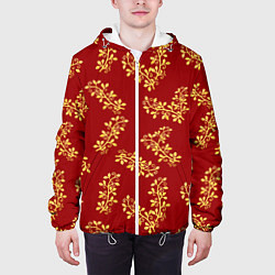 Куртка с капюшоном мужская Золотые веточки на ярко красном фоне, цвет: 3D-белый — фото 2