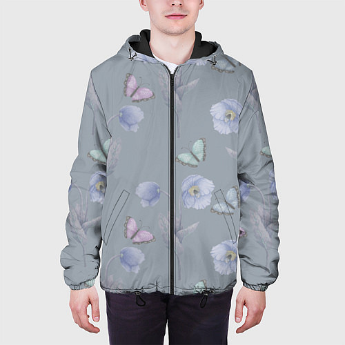 Мужская куртка Бабочки и цветы голубого мака / 3D-Черный – фото 3