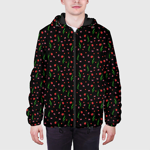 Мужская куртка Тюльпаны, сердечки , бабочки на черном / 3D-Черный – фото 3