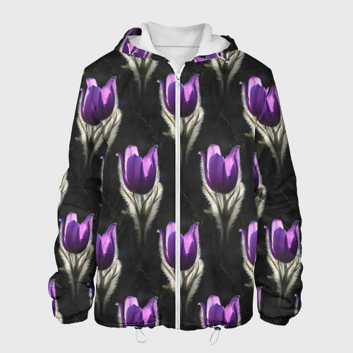 Мужская куртка Фиолетовые цветы - паттерн / 3D-Белый – фото 1