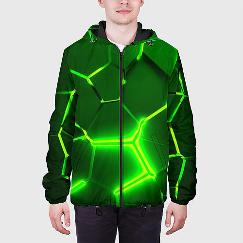Мужская куртка 3D ПЛИТЫ НЕОН NEON GREEN HEXAGON РАЗЛОМ / 3D-Черный – фото 3