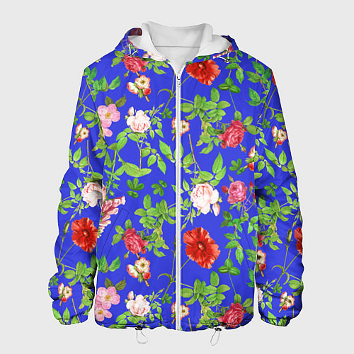 Мужская куртка Цветочки - синий фон - паттерн / 3D-Белый – фото 1