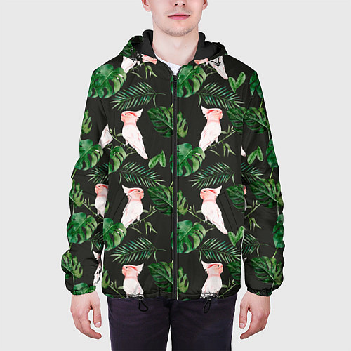 Мужская куртка Белые попугаи и листья / 3D-Черный – фото 3