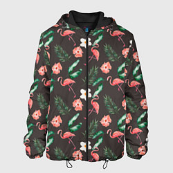 Куртка с капюшоном мужская Фламинго и цветы паттерн, цвет: 3D-черный