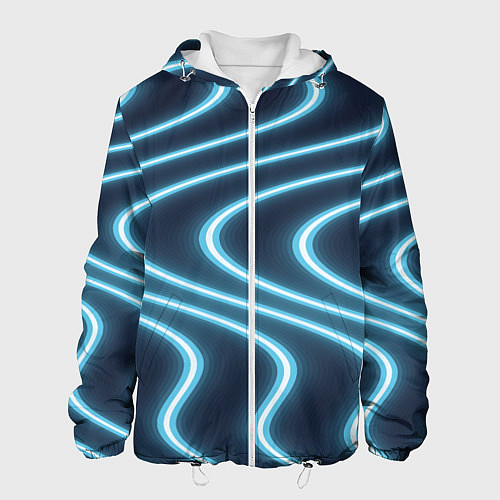 Мужская куртка Неоновый свет Волны голубые на темном фоне / 3D-Белый – фото 1