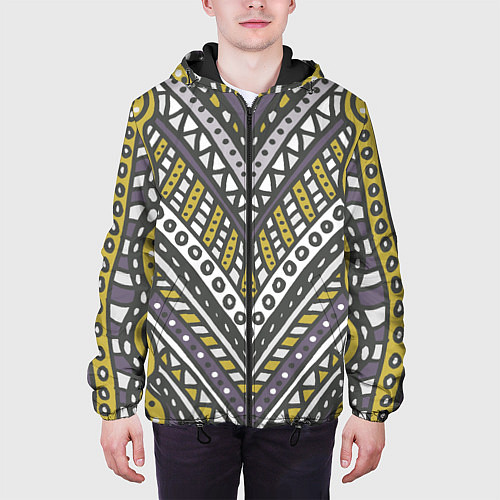 Мужская куртка Абстрактный узор в стиле дудл Желтый, серый и белы / 3D-Черный – фото 3