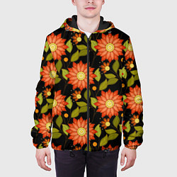 Куртка с капюшоном мужская Оранжевые цветы на черном фоне, цвет: 3D-черный — фото 2