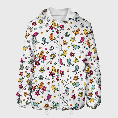 Мужская куртка Птицы и цветы Разноцветный узор в дудл стиле / 3D-Белый – фото 1