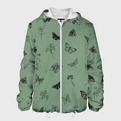 Куртка с капюшоном мужская Цветочки и бабочки на зеленом фоне, цвет: 3D-белый