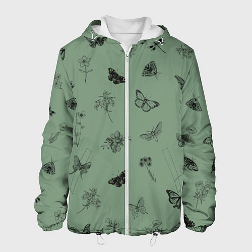 Мужская куртка Цветочки и бабочки на зеленом фоне / 3D-Белый – фото 1