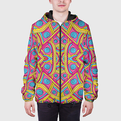 Мужская куртка Разноцветный и яркий узор в дудл стиле / 3D-Черный – фото 3