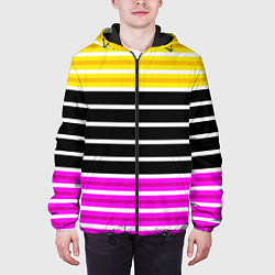 Куртка с капюшоном мужская Желтые розовые и черные полосы на белом, цвет: 3D-черный — фото 2
