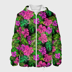 Куртка с капюшоном мужская Тропические листья и цветы на черном фоне, цвет: 3D-белый