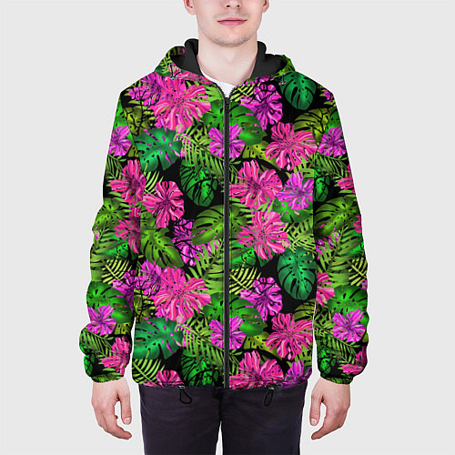 Мужская куртка Тропические листья и цветы на черном фоне / 3D-Черный – фото 3