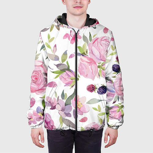 Мужская куртка Летний красочный паттерн из цветков розы и ягод еж / 3D-Черный – фото 3