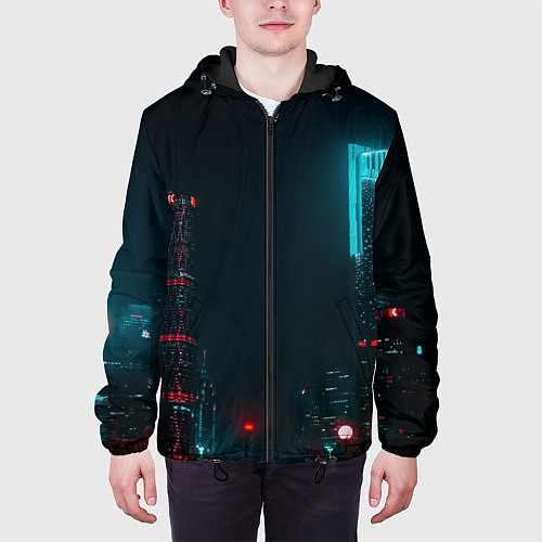 Мужская куртка Неоновые высотки в городе - Светло-синий / 3D-Черный – фото 3