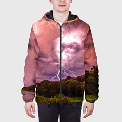 Куртка с капюшоном мужская Грозовые разряды молний над лесным озером, цвет: 3D-черный — фото 2