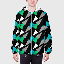 Куртка с капюшоном мужская Разноцветные треугольники на черном фоне, цвет: 3D-белый — фото 2