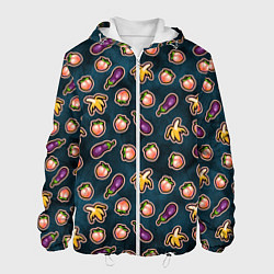 Куртка с капюшоном мужская Баклажаны персики бананы паттерн, цвет: 3D-белый