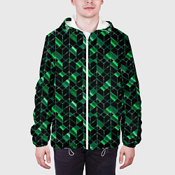 Куртка с капюшоном мужская Геометрический узор, зеленые фигуры на черном, цвет: 3D-белый — фото 2