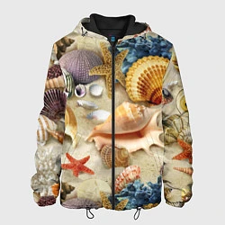 Куртка с капюшоном мужская Морские раковины, кораллы, морские звёзды на песке, цвет: 3D-черный